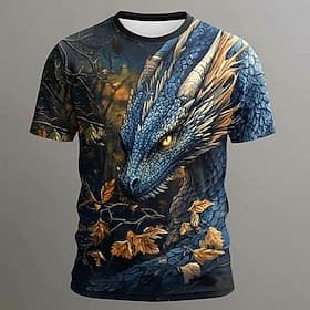 Blue Dragon 3D All Over Print T Shirt Men Short Sleeve Fantasy Graphic Tee Mythical Forest Summer Top Clothing Apparel S M L XL XXL XXXL