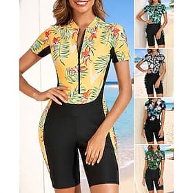 Damen Anti UV Shirt Badeanzug Badeanzüge Tropisch Oberschenkelmitte UV Schutz Schnelltrocknend Elastisch Kurzarm Bademode Badeanzug Surfen Strand Schwimmen Som