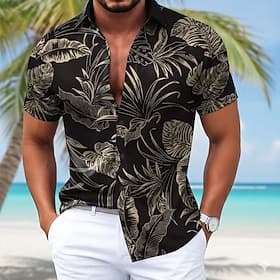 Men's Palm Leaf Tropical Plants Satin Shirt Hawaiian Shirt Casual Dress Shirt Short Sleeve Hawaiian Daily Vacation Summer Spring Turndown 3D Print Button Up Sh