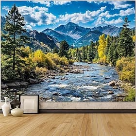 natuur berg rivier landschap wandtapijt dennenbomen herfst bos tafereel groot textiel kunstwerk huisdecoratie muurkunst achtergrond stoffen poster