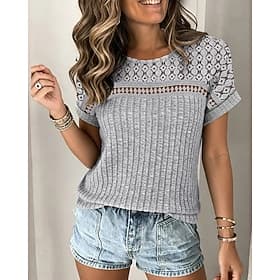 Damen Bluse Spitze Einfarbig Stilvoll Klassisch Lässig Kurzarm Rundhalsausschnitt Normale Oberteile Täglich Blau Schwarz Grün Beige Grau Sommer Frühling