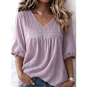 Women's Shirt Linen-feel Shirts Solid Color Plain Vintage Stylish V Neck Regular Tops Blue White Pink Light Purple Summer Spring