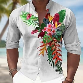 Homme Fleurs tropicales Feuille de palmier Toucans Chemise Chemises hawaïennes Chemise à col montant manche longue Hawaïen Occasionnel Vacances Printemps Autom