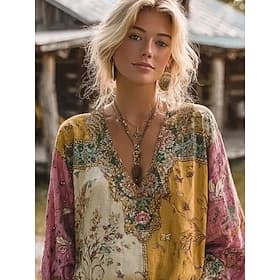 Femmes Chemise Patchwork Boutons Imprimé Fleuri Graphique Élégant Bohème ancien manche longue Col en V Hauts Réguliers Quotidien Fête Jaune Vert Été Printemps