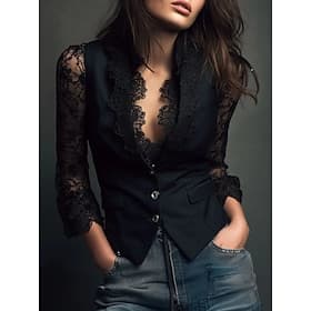 Per donna Camicia Blusa Top in pizzo Bottoni Semplice Elegante Classico Casual Manica Lunga Scollo a V Top Regolari Quotidiano Ferie Uscire Nero Primavera Autu