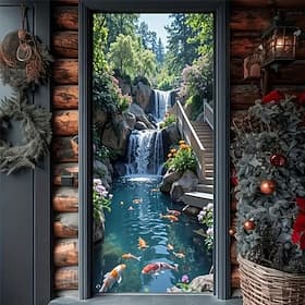 3D Japanese Garden Door Banner Waterfall and Koi Pond Scene Doorway Curtain Realistic Nature View Wall Hanging for Porch Entryway Decor