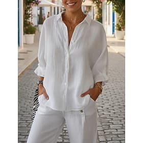 Women's Shirt Blouse 100% Cotton Buttons Plain Basic Casual Long Sleeve Shirt Collar Regular Tops Daily Holiday Going out Black White Pink Army Green Summer Sp