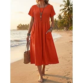 Robe midi 100% coton pour femme, robe-chemise, robe t-shirt, mode moderne au quotidien, en extérieur, vacances, coupe ample, unie, manches courtes, col rond, v