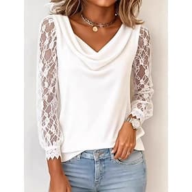 Mujer Blusa Encaje Retazos Color sólido Elegante Casual Manga Larga Cuello vuelto holgado Tops regulares Diario Negro Blanco Rosa Vino Azul Marino Primavera Ot