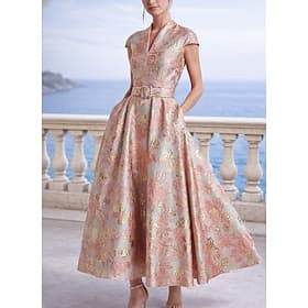Linea ad A Lunghezza alla caviglia Abiti da Cocktail Elegante Floreale Manica Corta Scollo a V Matrimonio Formale Tasca Jacquard con Stampa floreale Pieghe