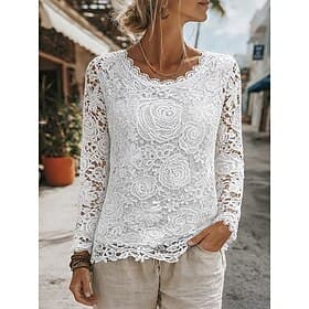 Damen Bluse Spitze Einfarbig Elegant Stilvoll Lässig Langarm Rundhalsausschnitt Normale Oberteile Täglich Weiß Sommer Frühling Herbst