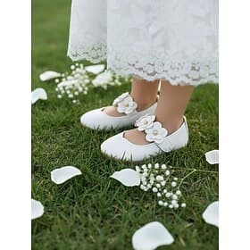 Weiße Mary-Jane-Schuhe für Blumenmädchen mit doppelter Blumenapplikation, weiche, cremefarbene Ballerinas im Prinzessinnenstil für kleine Mädchen, bequeme Schu