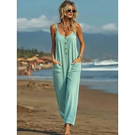 Women's Normal Jumpsuit Active Solid Color Sleeveless Wide Leg Round Neck Buttons Daily Beach Loose Fit Black White Green Summer