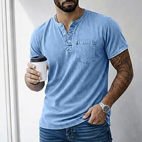 Men's Henley Shirt 100% Cotton Acid Wash Shirt T shirt Tee Short Sleeve Solid Retro Vintage Casual Vintage Style Garment Dyed Washed Henley Casual Summer Sprin
