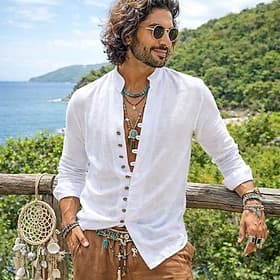 Men's Shirt Linen Shirt Summer Shirt Casual Shirt Boho Shirt Plain Casual Daily Blue Black White Pink Long Sleeve Mandarin Collar Summer Spring Fall Clothing
