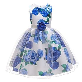 Mädchen-Partykleid, festlich, Prinzessinnenkleid, Patchwork, Mesh, Blumenmuster, ärmellos, Rundhalsausschnitt, hellblau, himmelblau, ab 4 Jahren