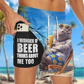 Men's Cartoon Hippopotamus Funny Slang Lined Shorts 2 in 1 Board Shorts Swim Shorts Mid Waist Hawaiian Holiday Side Pockets With Compression Liner Elastic Draw