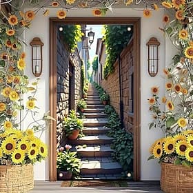 3D Old Alleyway Door Banner Stone Stairs Mediterranean Street View Doorway Curtain Realistic Scenic Wall Hanging for Front Door Home Decor