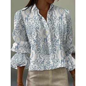 Damen Hemd Rüsche Blumen Grafik Elegant Bohemien Vintage Langarm Hemdkragen Normale Oberteile Täglich Arbeit Ferien Blau Weiß Orange Beige Sommer Frühling