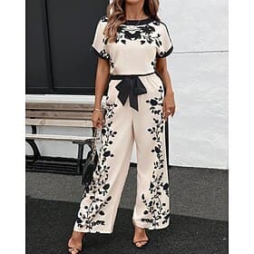 Dames Jumpsuit Elegant Bloemig Korte mouw BreedBeen Strakke ronde hals Lapwerk Afdrukken Dagelijks Vakantie Normale pasvorm Abrikoos Zomer