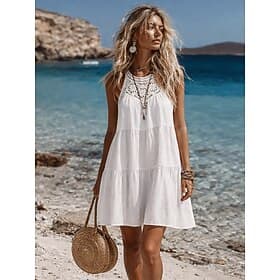 Femmes Mini Robe Robes effet lin Robe d'Été Robe trapèze Robe d'été Vacances Occasionnel Quotidien Plage Coupe Ample Uni Sans manches Col Halter Bleu Bleu mari