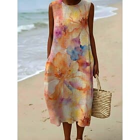 Women's Midi Dress Shift Dress Sundress Casual Dress Fashion Modern Daily Outdoor Vacation Regular Fit Floral Sleeveless Crew Neck Yellow Summer Spring