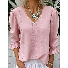 Women's Popover Shirt Casual Shirt Blouse Lace Eyelet Solid Color Elegant Vintage Stylish Long Sleeve V Neck Regular Tops Daily Outdoor Work Black White Yellow