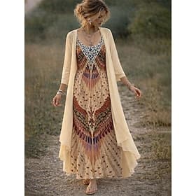 Kvinne Kjole Set Maxi Kjole A-line Kjole Ferie Grafisk Paisley Lagdelt Print 3/4 Lengde Ermer V-hals Daglig Ferie Rød Lilla Beige Sommer Vår Vanlig Passform