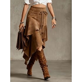 Dames Rok van imitatie suède Bohemen Vintage Modieus Maxi Medium Taille Rokken Meerlaags Inelastisch Dagelijks Vakantie Licht Bruin Bruin Zomer