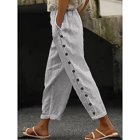 Mujer Pantalones de lino Pantalones Pantalones casuales Pantalones de verano Vacaciones Moda Básico Longitud total Media cintura Plano A Rayas Bolsillos latera