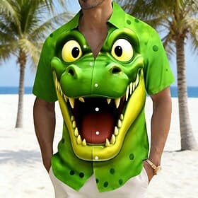 Men's Cartoon Crocodile Funny Shirt Hawaiian Shirt Aloha Shirt Short Sleeve Hawaiian Vacation Holiday Summer Turndown 3D Print Front One Pocket Linen Like Shir