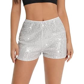 Women's Shorts Summer Shorts Hot Pants Straight Elegant Vacation Fashion Short Medium Waist Solid Color Sequins Patchwork Elastic Waistband Comfy Stretchy Dail
