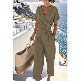 Femmes Ensembles de Pantalons Haut boléro Manche Courte Col en V Couleur Unie Froncé Mode Streetwear Occasionnel Quotidien Extérieur Bleu Kaki Beige Été Coupe