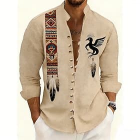 Men's Ethnic Thunderbird Native American Feather Shirt Stand Collar Shirt Long Sleeve Vintage Retro Casual Vacation Spring Fall Mandarin Collar Band Collar 3D