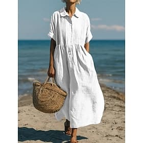 Femmes Robe Midi Robes effet lin Robe Chemise Robe Caftan Mode Moderne Quotidien Extérieur Vacances Coupe régulière Uni Manche Courte Col de chemise Bleu Noir