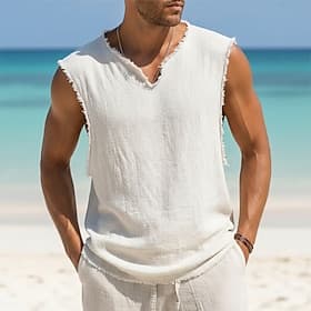 Herren Leinenhemd Tank Top Weste Ärmelloses Shirt Ärmellos V Ausschnitt Sommer Einfach Mode Klassisch Bequem Lässig Urlaub Ferien Weiß Top T-Shirt für Herren