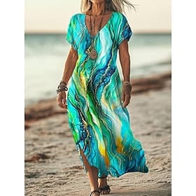 Women's Midi Dress A Line Dress Casual Daily Loose Fit Floral Short Sleeve V Neck Blue Yellow Green Summer Spring