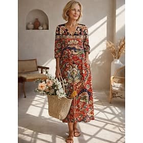 Robe Midi Femme Lin Comme Respirant Léger Robe d'Été Robe Lâche Casual Fête Vacances Ajustement Régulier Imprimé Paisley Manches Longues Col V Bleu Rose Rouge