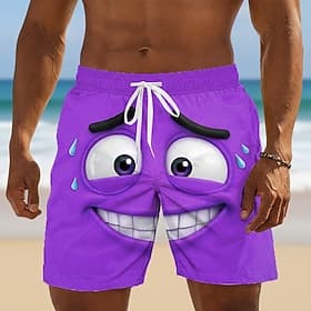 Men's Optical Illusion 3D Cartoon Awkward Face Swim Trunks Swim Shorts Board Shorts Mid Waist Hawaiian Funny Beach Vacation Wear Side Pockets Mesh Lining Elast