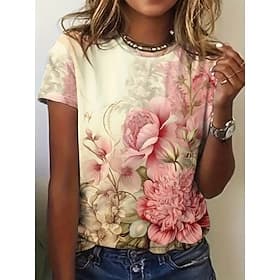 Women's T Shirt Print Floral Graphic Plants Vintage Stylish Classic Short Sleeve Crew Neck Regular Tops Daily Weekend Blue Pink Red Beige Summer Spring Fall Wi