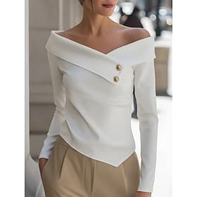 Women's Blouse Buttons Solid Color Stylish Casual Long Sleeve Off Shoulder Regular Tops Daily Black White Spring Fall