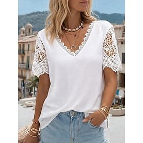 Women's T Shirt Lace T-shirt Tee Top Lace Plain Fashion Stylish Classic Short Sleeve V Neck Regular Tops Daily Going out Weekend Blue White Yellow Pink Red Sum