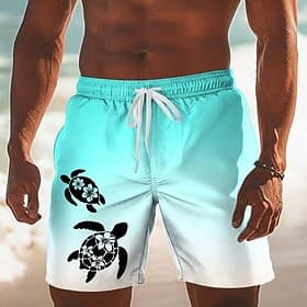 Men's Coconut Tree Gradient Color Sea Turtle Swim Trunks Swim Shorts Board Shorts Mid Waist Hawaiian Beach Vacation Wear Side Pockets Mesh Lining Elastic Draws