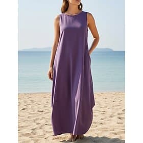 Women's Maxi Dress 100% Cotton Shift Dress Sundress Beach Dress Elegant Fashion Modern Outdoor Beach Vacation Regular Fit Plain Sleeveless Crew Neck Purple Bro