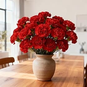 15 leuchtend rote Nelken im Strauß – warmes künstliches Blumenarrangement – Deko-Kunstblumen für Zuhause, geeignet für Hochzeiten, Büros, Feiertagsdekoration,