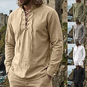 Homme Chemise Chemise en lin Style Viking Chemise popover Chemise d'été Chemise à col officier Uni Occasionnel Vacances Noir Blanche Vert Kaki manche longue Co