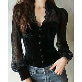 Damen Hemd Bluse Spitzentops Spitze Knöpfe Einfach Täglich Stilvoll Modern Langarm V Ausschnitt Normale Oberteile Täglich Ferien Ausgehen Schwarz Sommer Frühli