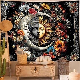 Sun and Moon Tapestry Wall Hanging Celestial Floral Sunflowers Roses Boho Hippie Wall Art for Bedroom Living Room Yoga Room Meditation Decor