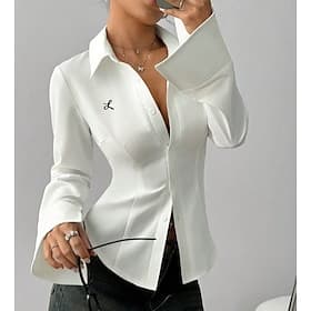 Damen Kleidhemd Knopfhemd Bluse Bestickt Knöpfe Einfarbig Elegant Stilvoll Lässig Langarm Umlegekragen Normale Oberteile Täglich Arbeit Ferien Weiß Sommer Früh