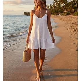Damen Minikleid 100% Baumwolle Shiftkleid Sommerkleid Weißes Kleid Basic Modern Lässig Täglich Wochenende Lässiger Schnitt Einfach Ärmellos Spaghettiträger Wei
